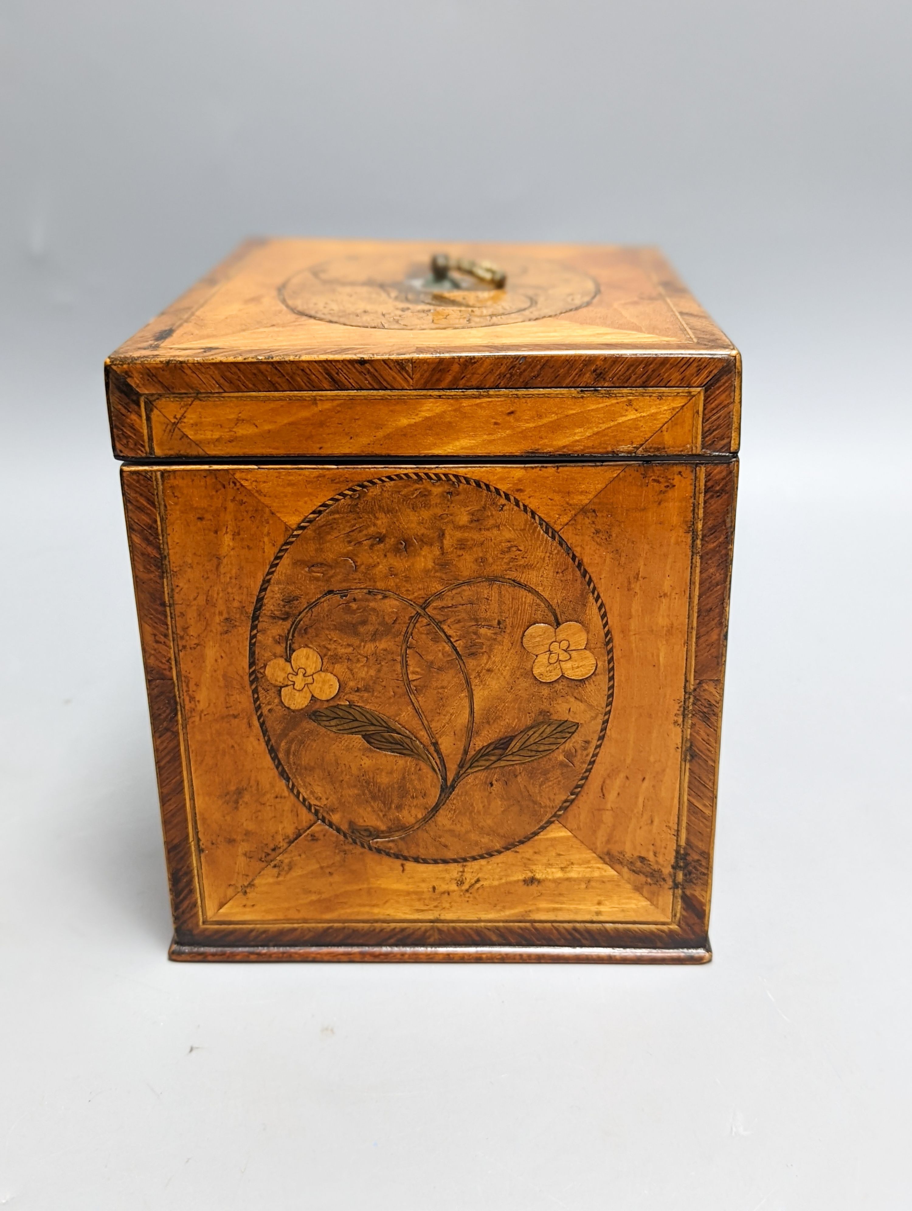 A George III sycamore and floral marquetry tea caddy, 17cm